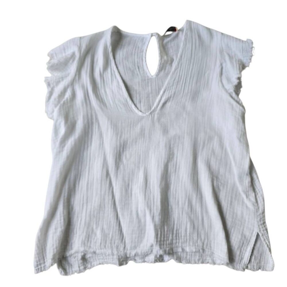 Stark x Gauzy Top‎ Women's Small White Frayed Short Sleeve 100% Cotton Blouse